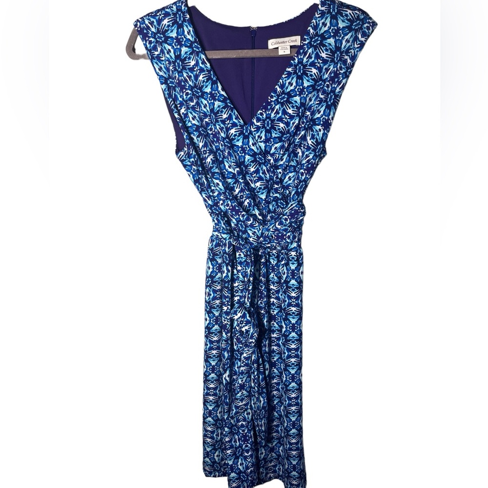 Blue White and Purple print Coldwater Creek Dress Ikat type Pattern V Neck